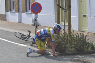 A rider crashes at a race in 2020