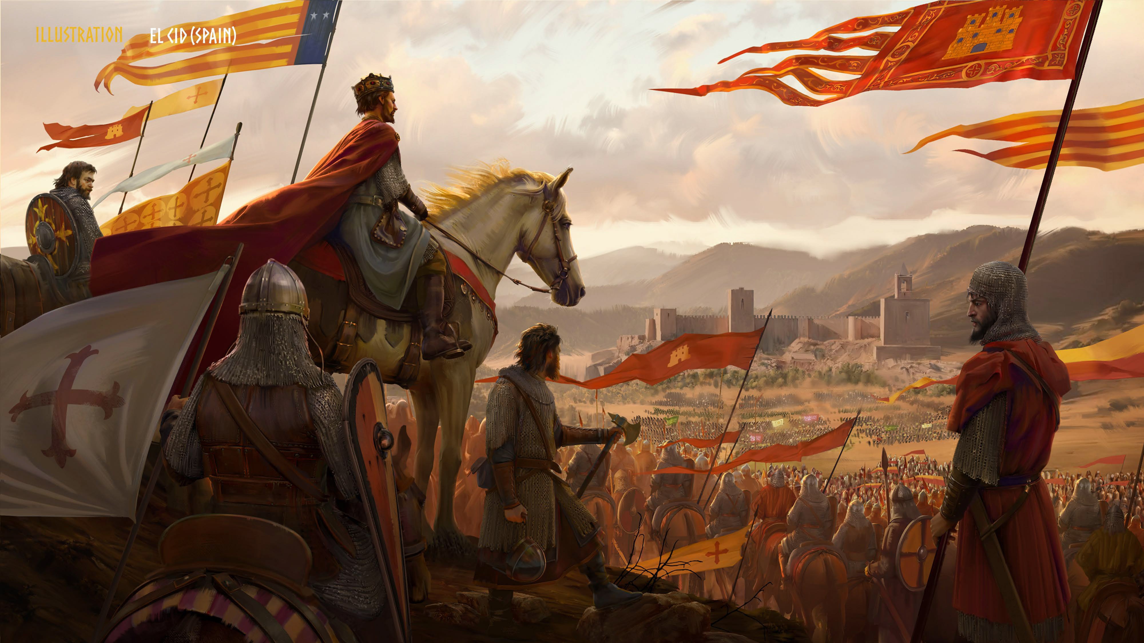 A king overlooking a besieged city with an army in concept art for Total War: Medieval 3