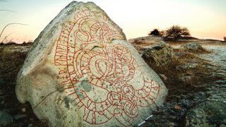 Rune stone on Adelso Island in the Stockholm area, Sweden.