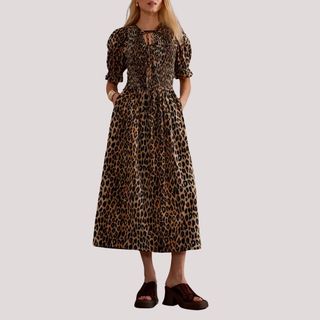 Flat lay image of leopard print dress