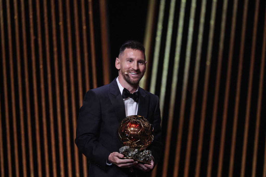 Inter Miami CF&#039;s Argentine forward Lionel Messi reacts on stage with his trophy as he receives his 8th Ballon d&#039;Or award during the 2023 Ballon d&#039;Or France Football award ceremony at the Theatre du Chatelet in Paris on October 30, 2023. (Photo by FRANCK FIFE / AFP) (Photo by FRANCK FIFE/AFP via Getty Images)