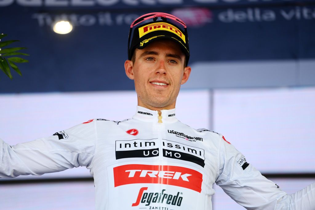 MESSINA ITALY MAY 11 Juan Pedro Lpez of Spain and Team Trek Segafredo celebrates winning the white best young jersey on the podium ceremony after the 105th Giro dItalia 2022 Stage 5 a 174km stage from Catania to Messina Giro WorldTour on May 11 2022 in Messina Italy Photo by Tim de WaeleGetty Images