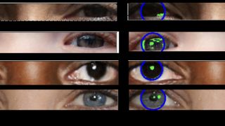 A series of deepfake eyes showing inconsistent reflections in each eye.