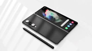 An unofficial render of the Galaxy Z Fold 4 from the back lying down, open with S Pen