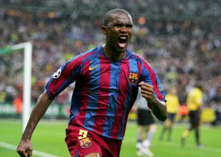 Samuel Eto'o celebrates after scoring for Barcelona against Arsenal in the 2006 Champions League final.