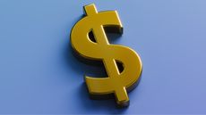 A gold dollar sign against a blue background.