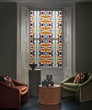Elbaite Art Deco-Stained Glass Film, from Purlfrost in Art Deco, Gorthic living room applied to windows with velvet accent chairs