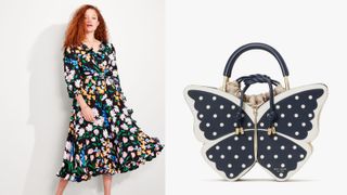 composite image of model in floral dress and butterfly shape handbag