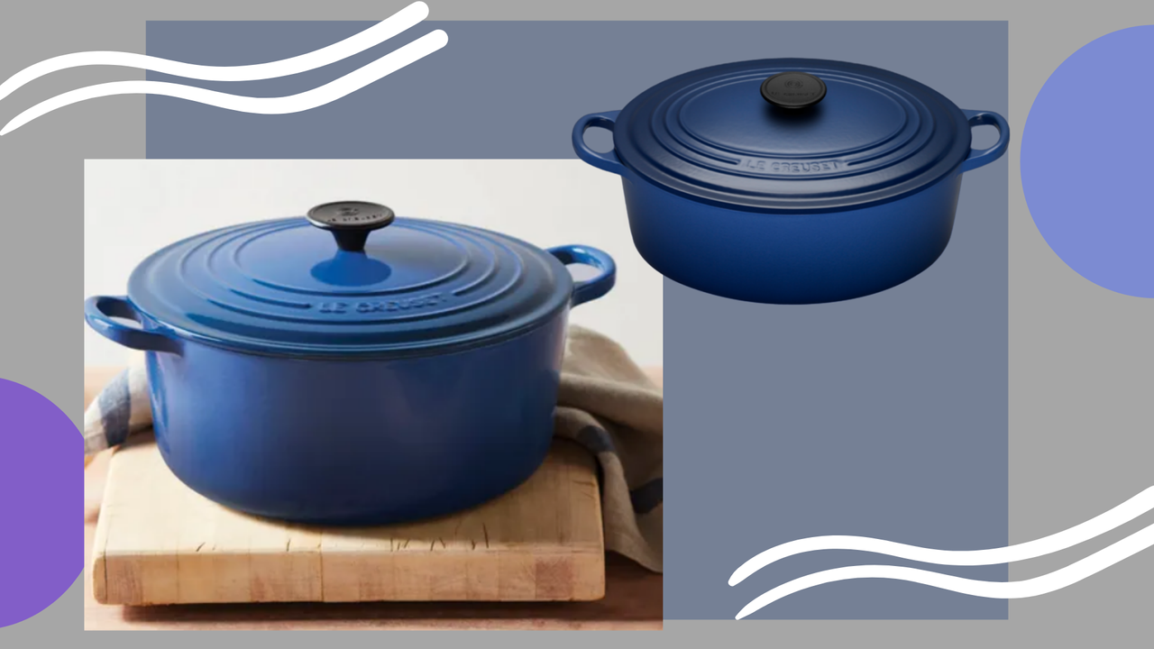 Le Creuset cobalt casserole dish collage - Cyber Monday