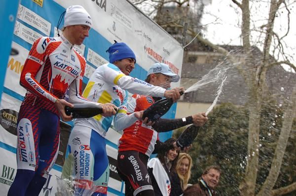 The Giro del Friuli podium: Pavel Brutt (Katusha), Jose Serpa (Androni Giocattoli) and Nicki S&ouml;rensen (Saxo Bank Sungard)