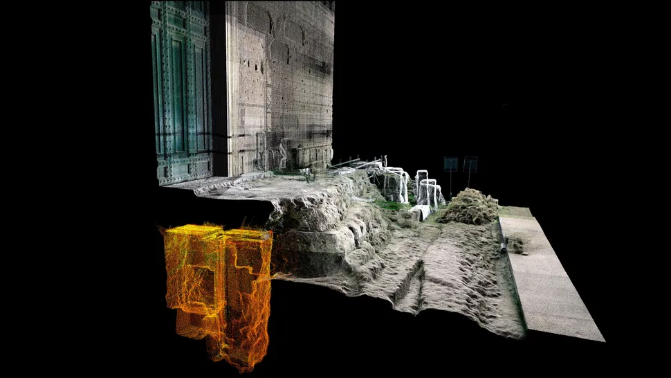 Gambar pemindaian laser 3D yang menunjukkan lokasi makam (berwarna kuning) yang terkubur di bawah tangga ke Curia Julia, atau Gedung Senat, di Forum Romawi.