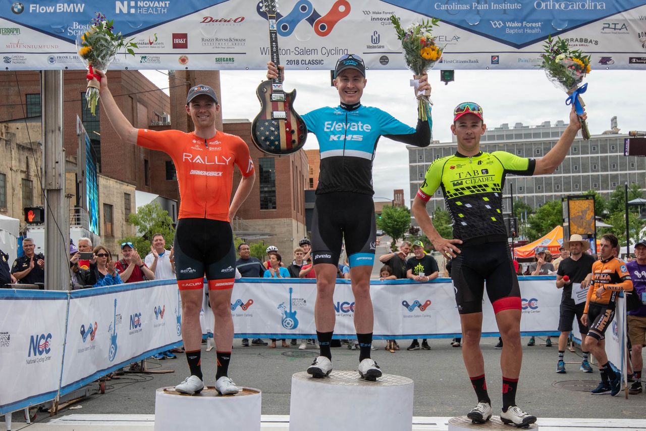 Todays top 3 in the road race at the Winston-Salem Cycling Classic on May 28, 2018 in Winston-Salem, North Carolina.