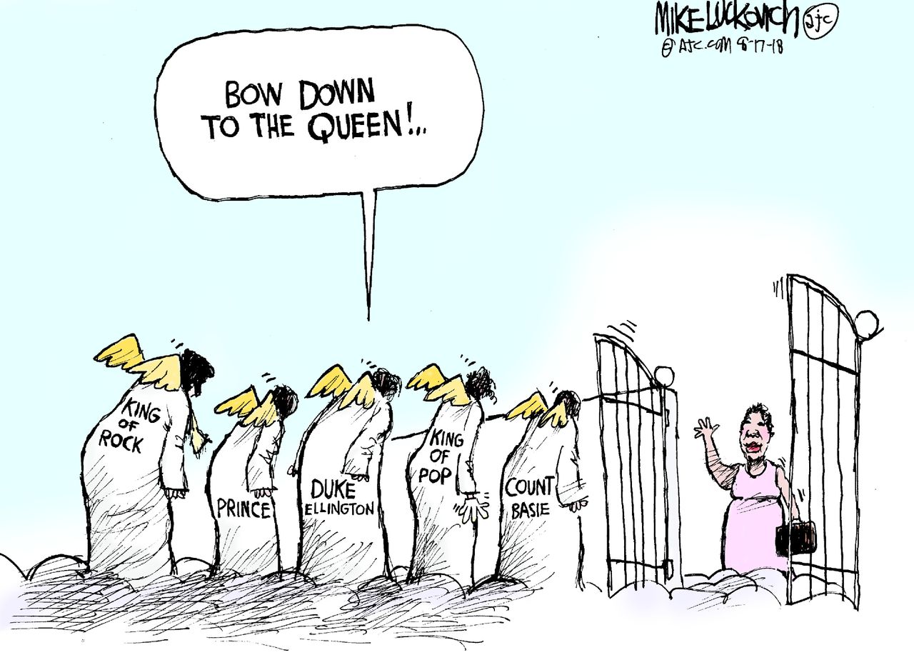 Editorial cartoon U.S. Aretha Franklin respect bow down queen of soul heaven Elvis Presley Prince Duke Ellington Michael Jackson Count Basie