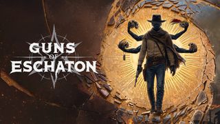 Cowboy with multiple arms holds pistols and a bird, standing in front of a radiant, cracked background. Text reads "Guns of Eschaton." Mysterious, intense tone.