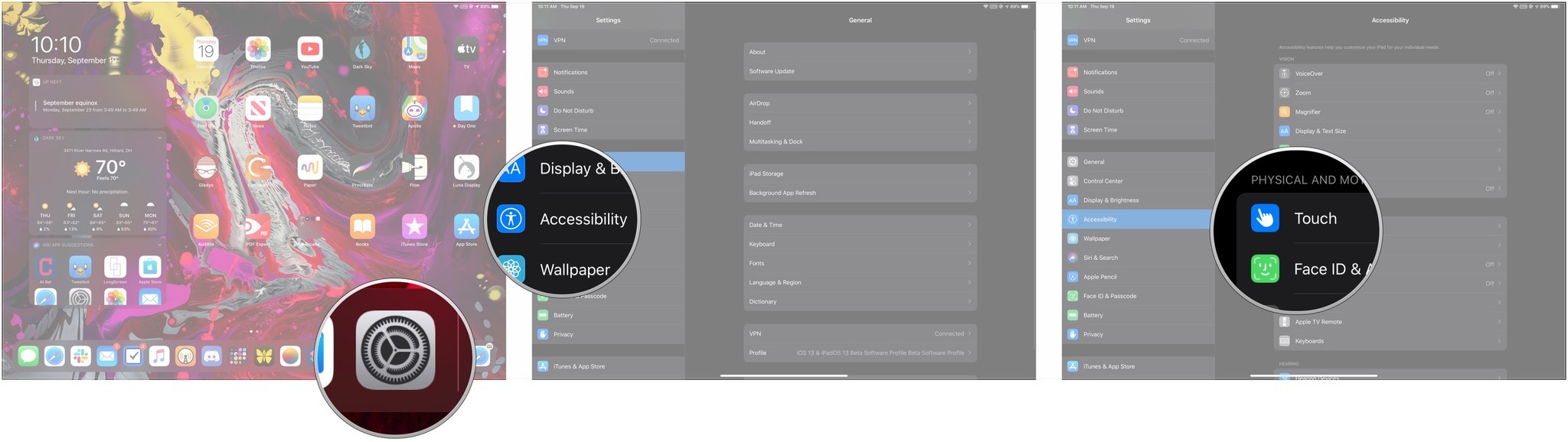 Customize buttons on pointing device on iPad: Open Settings, tap Accessibility, tap Touch