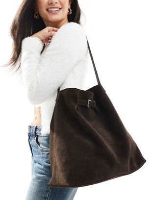 Asos Design Suede Buckle Detail Tote Bag in Chocolate