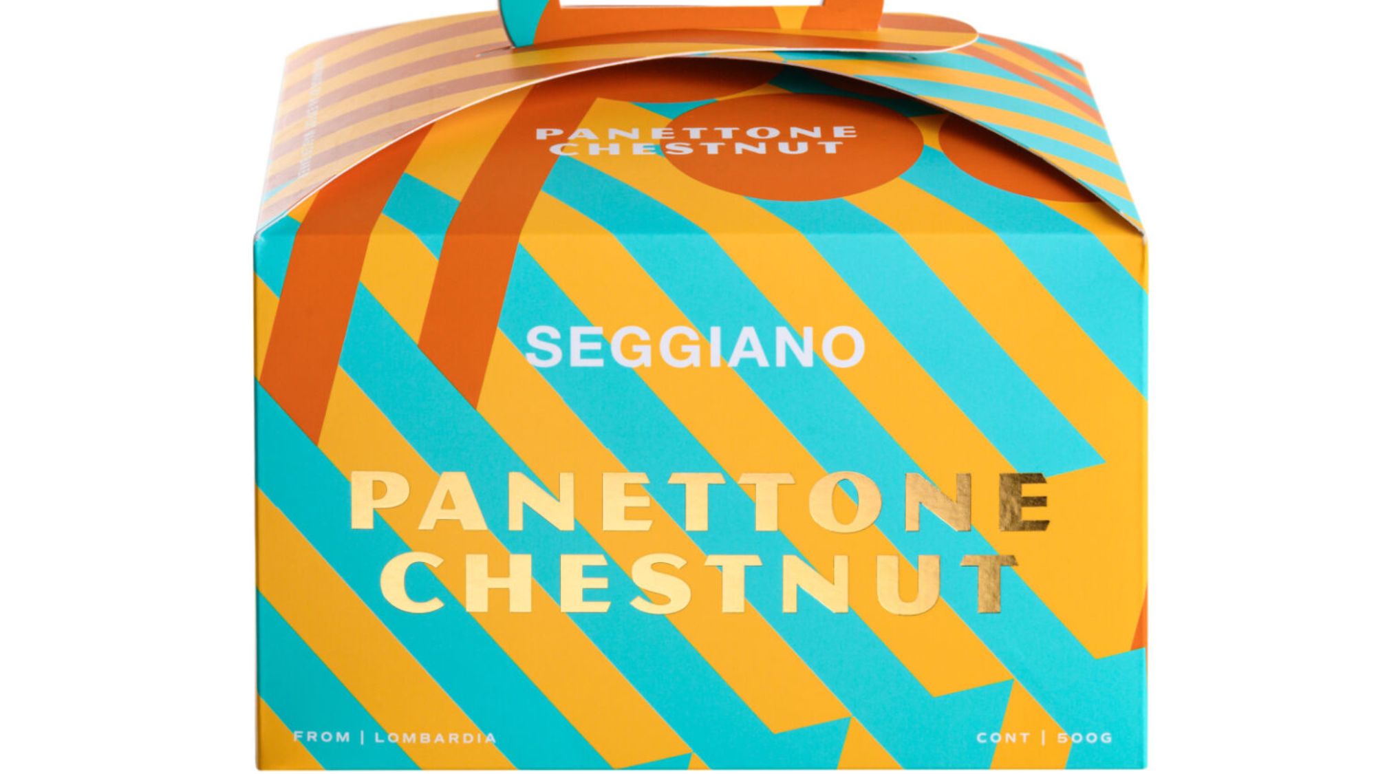 blue and orange packaged panettone by Seggiano