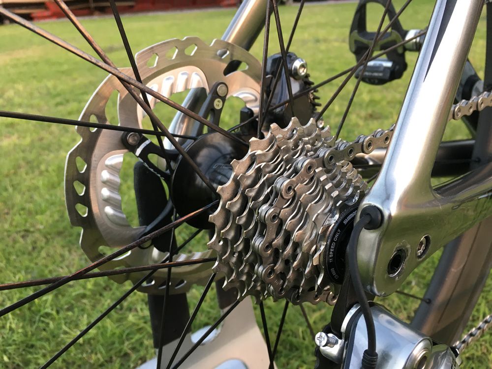 A close-up of the rear hub and disc brake