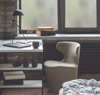 home office with dark interiors and window film for privacy by purlfrost