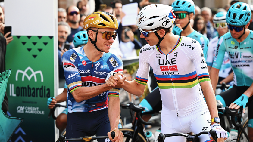 COMO, ITALY - OCTOBER 11: (L-R) Remco Evenepoel of Belgium and Team Soudal Quick-Step and Tadej Pogacar of Slovenia and Team UAE Team Emirates prior to the 119th Il Lombardia 2025 a 241km one day race from Como to Bergamo on October 11, 2025 in Como, Italy. (Photo by Dario Belingheri/Getty Images)