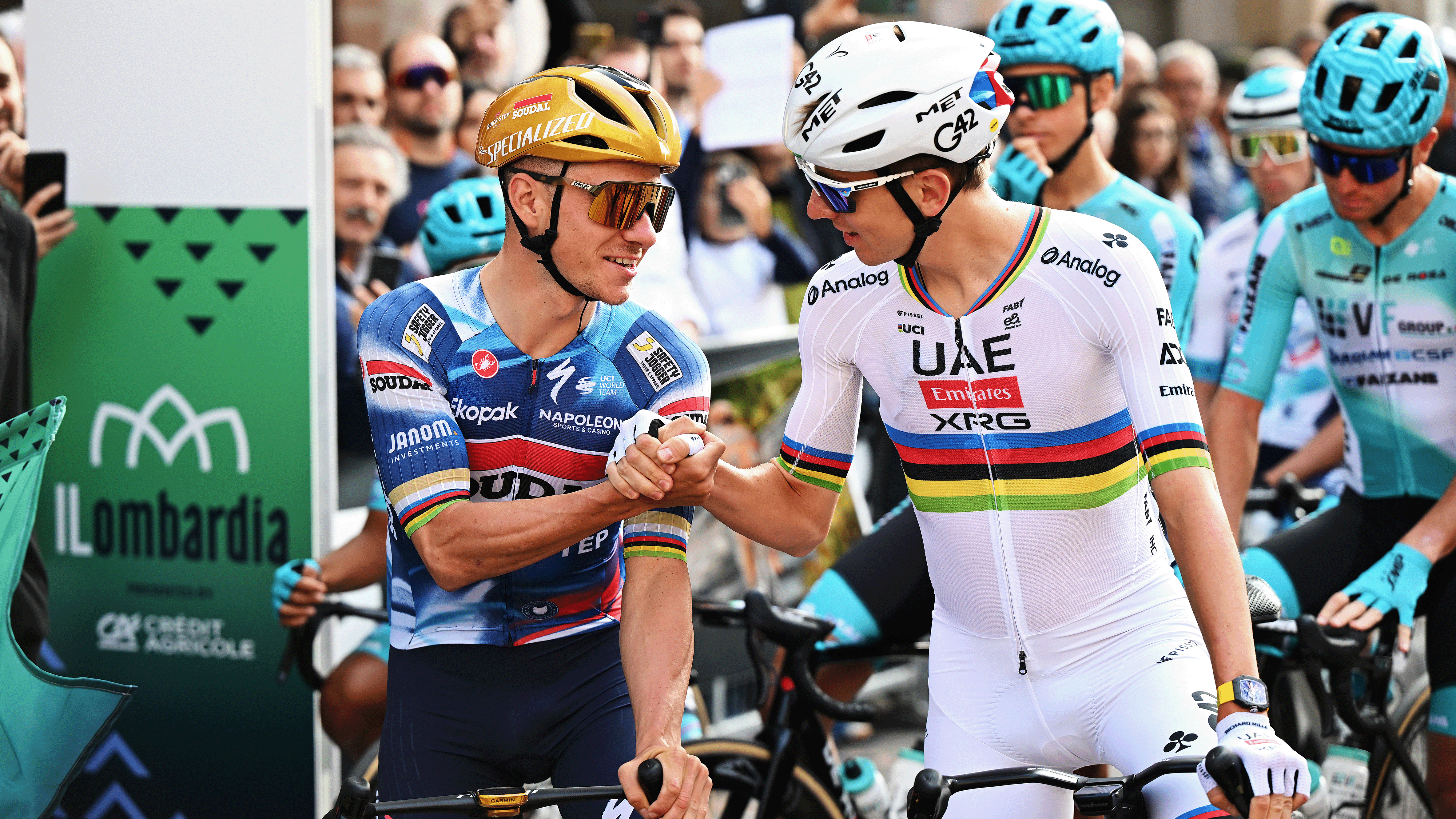 COMO, ITALY - OCTOBER 11: (L-R) Remco Evenepoel of Belgium and Team Soudal Quick-Step and Tadej Pogacar of Slovenia and Team UAE Team Emirates prior to the 119th Il Lombardia 2025 a 241km one day race from Como to Bergamo on October 11, 2025 in Como, Italy. (Photo by Dario Belingheri/Getty Images)