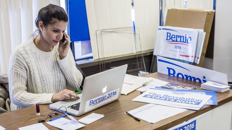 Bernie Sanders female staffer sat at desk
