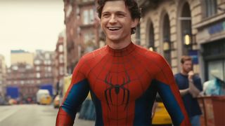 Tom Holland smiling and wearing his superhero costume in a Spider-Man: Brand New Day behind the scenes video