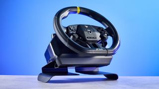A black Turtle Beach Racer Wireless racing wheel