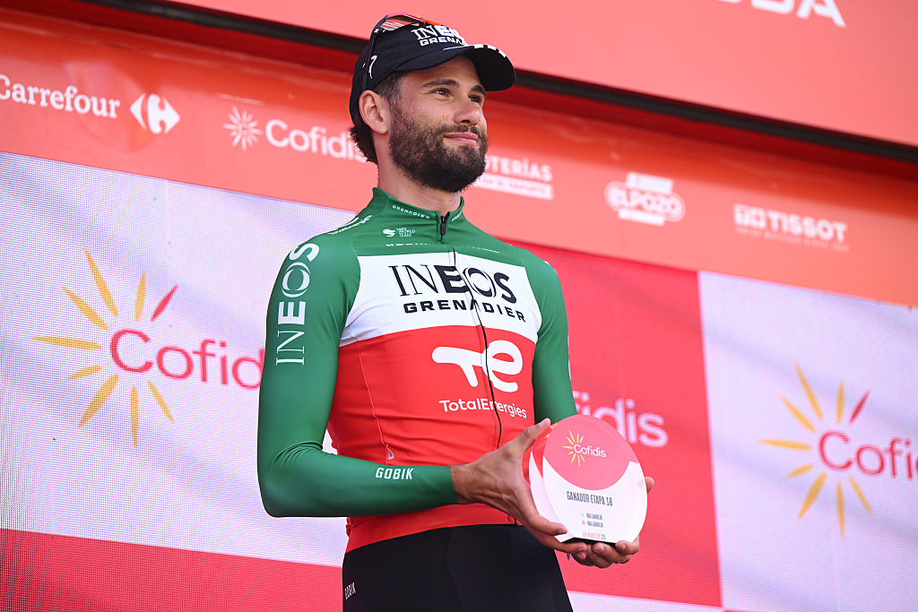 VALLADOLID, SPAIN - SEPTEMBER 11: Filippo Ganna of Italy and Team INEOS Grenadiers celebrates at podium as stage winner during the La Vuelta - 80th Tour of Spain 2025, Stage 18 a 12.2km individual time trial stage from Valladolid to Valladolid / Stage shortened for safety reasons / #UCIWT / on September 11, 2025 in Valladolid, Spain. (Photo by Dario Belingheri/Getty Images)