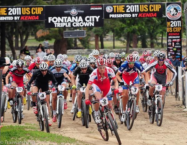 Max Plaxton (Specialized) leads the start of a cross country in Fontana