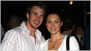 Jessica Biel and Chris Evans smiling together in 2003