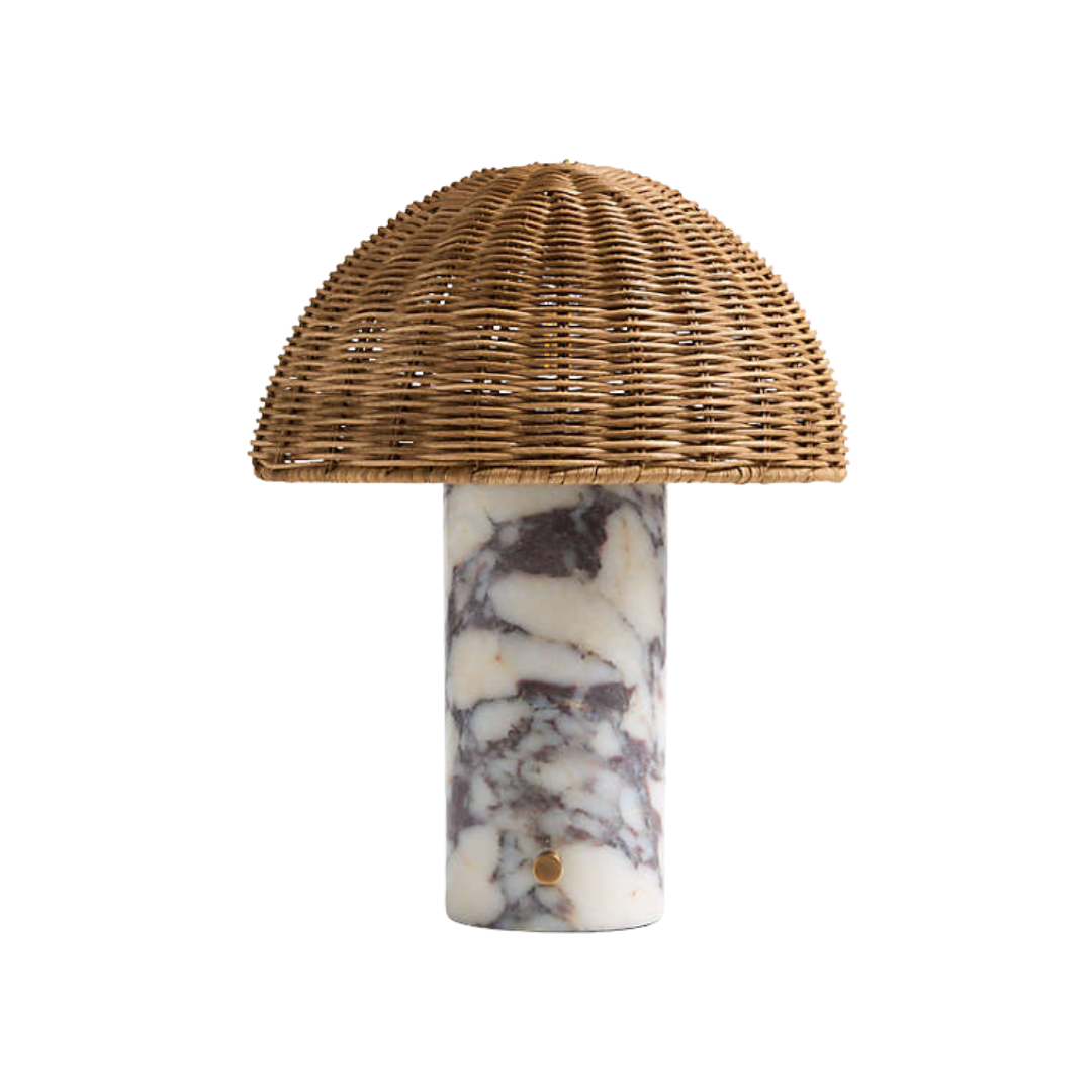 Seine Calacatta White Marble Mini Table Lamp With Rattan Shade 13&quot;