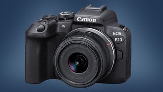 The Canon EOS R10 camera on a blue background