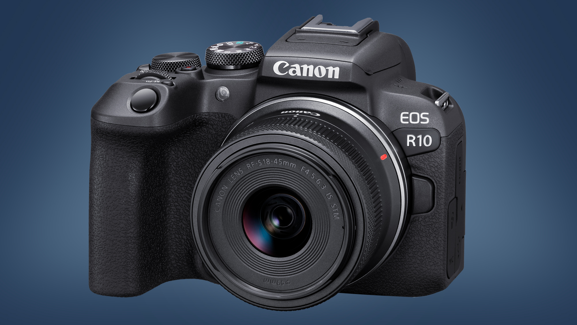 Canon EOS R10 camera on a blue background