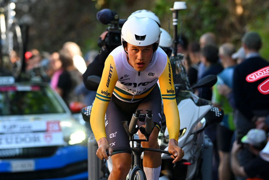 PERUGIA ITALY MAY 10 Luke Plapp of Australia and Team Jayco AlUla sprints during the 107th Giro dItalia 2024 Stage 7 a 406km individual time trial stage from Foligno to Perugia 472m UCIWT on May 10 2024 in Perugia Italy Photo by Dario BelingheriGetty Images