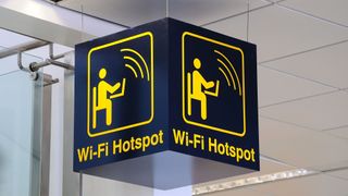 A public Wi-Fi hotspot sign in an airport