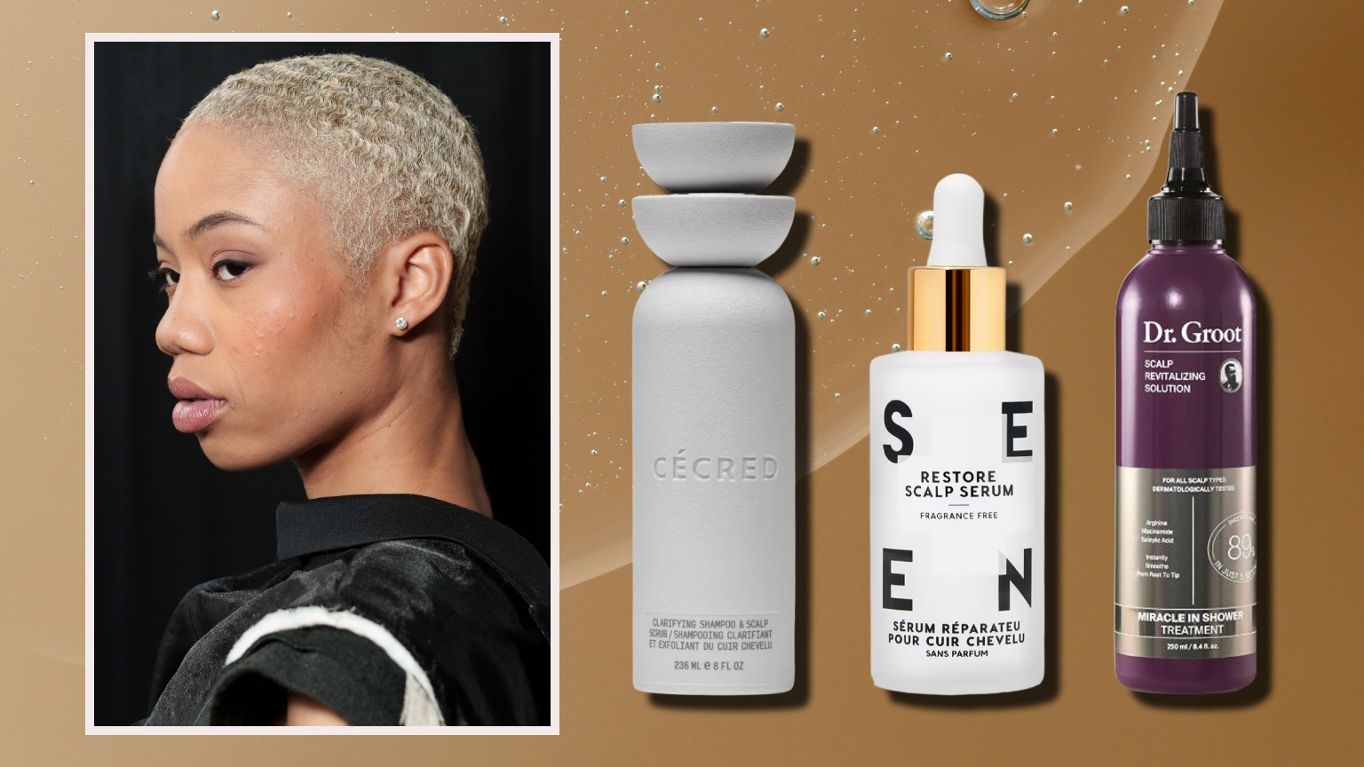 a black woman with a bleached pixie cut on a tan background next to three bottles of scalp treatments