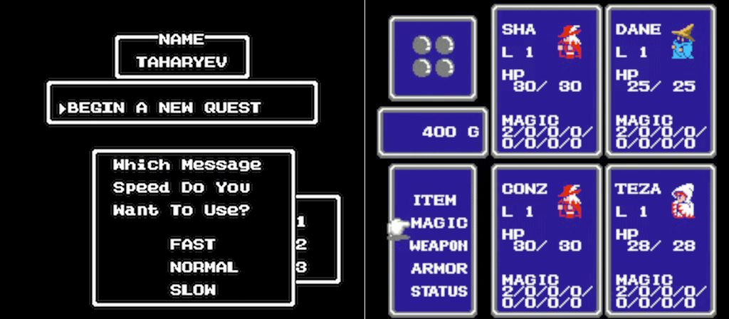Screenshots of Dragon Warrior and Final Fantasy for the 8-bit NES showing character names generated by AI.