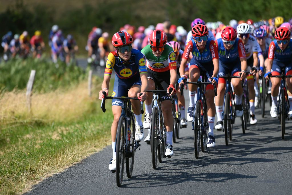 MONTIGNACLASCAUX FRANCE JULY 25 LR Elizabeth Deignan of The United Kingdom and Elisa Longo Borghini of Italy and Team Lidl Trek lead the peloton during the 2nd Tour de France Femmes 2023 Stage 3 a 1472km stage from CollongeslaRouge to MontignacLascaux UCIWWT on July 25 2023 in MontignacLascaux France Photo by Alex BroadwayGetty Images