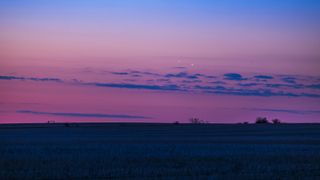 A pink sky with dark blue clouds almost covers two bright dots, Venus and Jupiter, that overlook a rural landscape with dark grass and trees