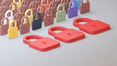 Digital image of multicoloured padlocks, with three large red padlocks in the foreground. 
