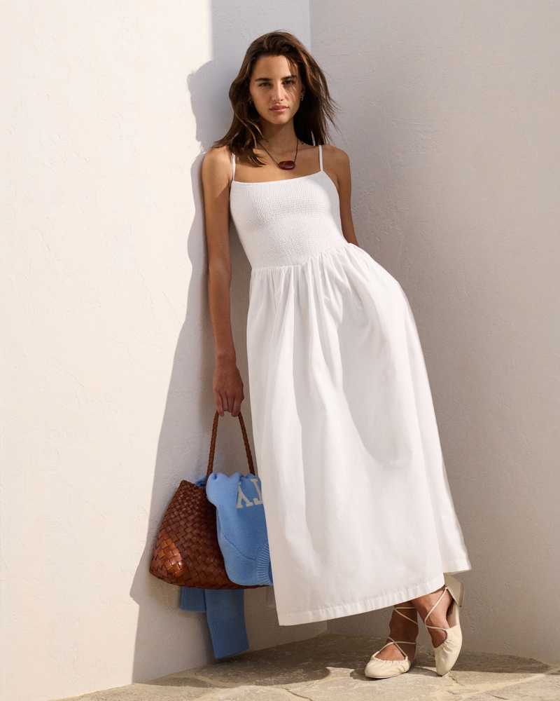 Dipped-Waist Smocked Midi Dress