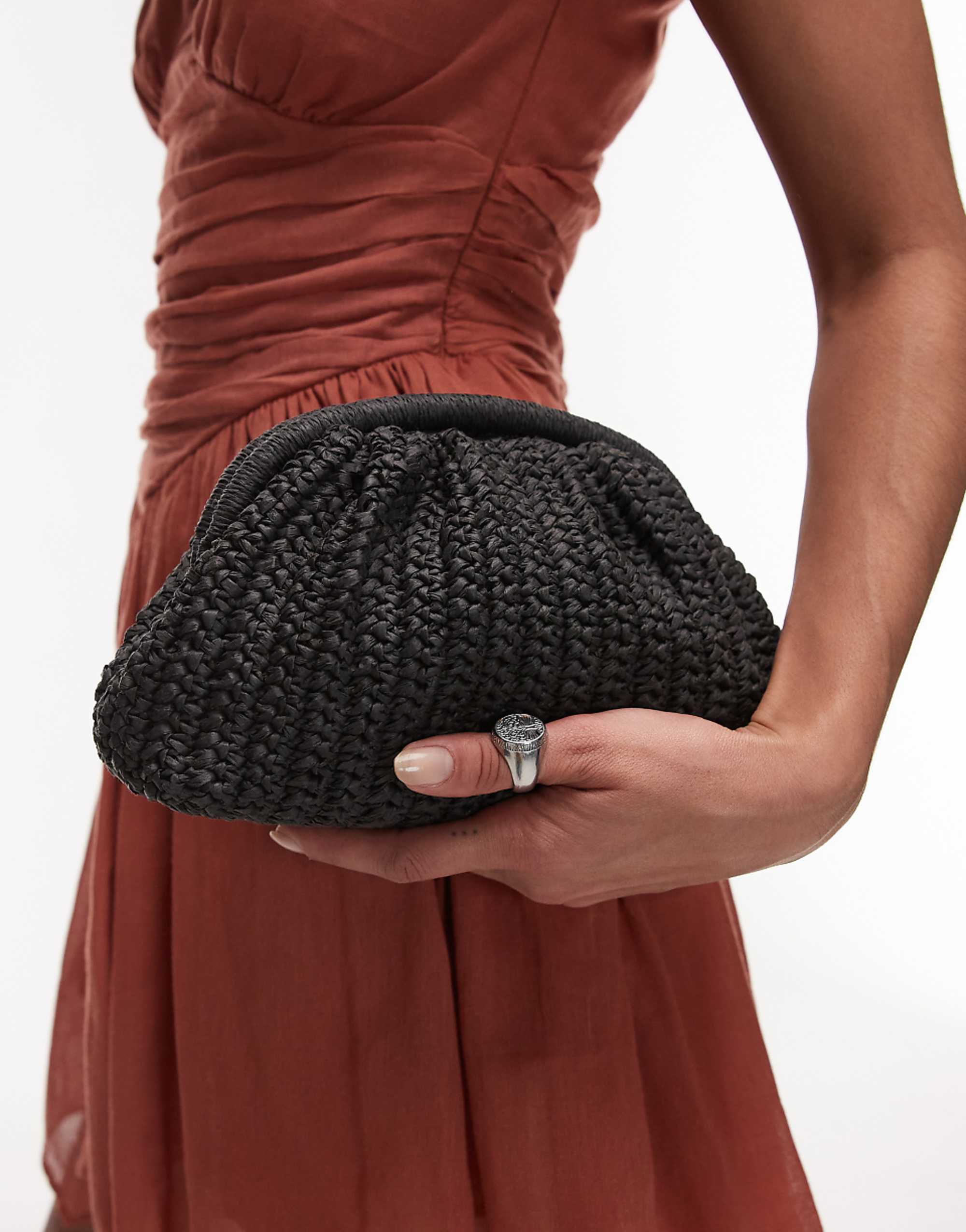 Mango Raffia Clutch Bag in Black