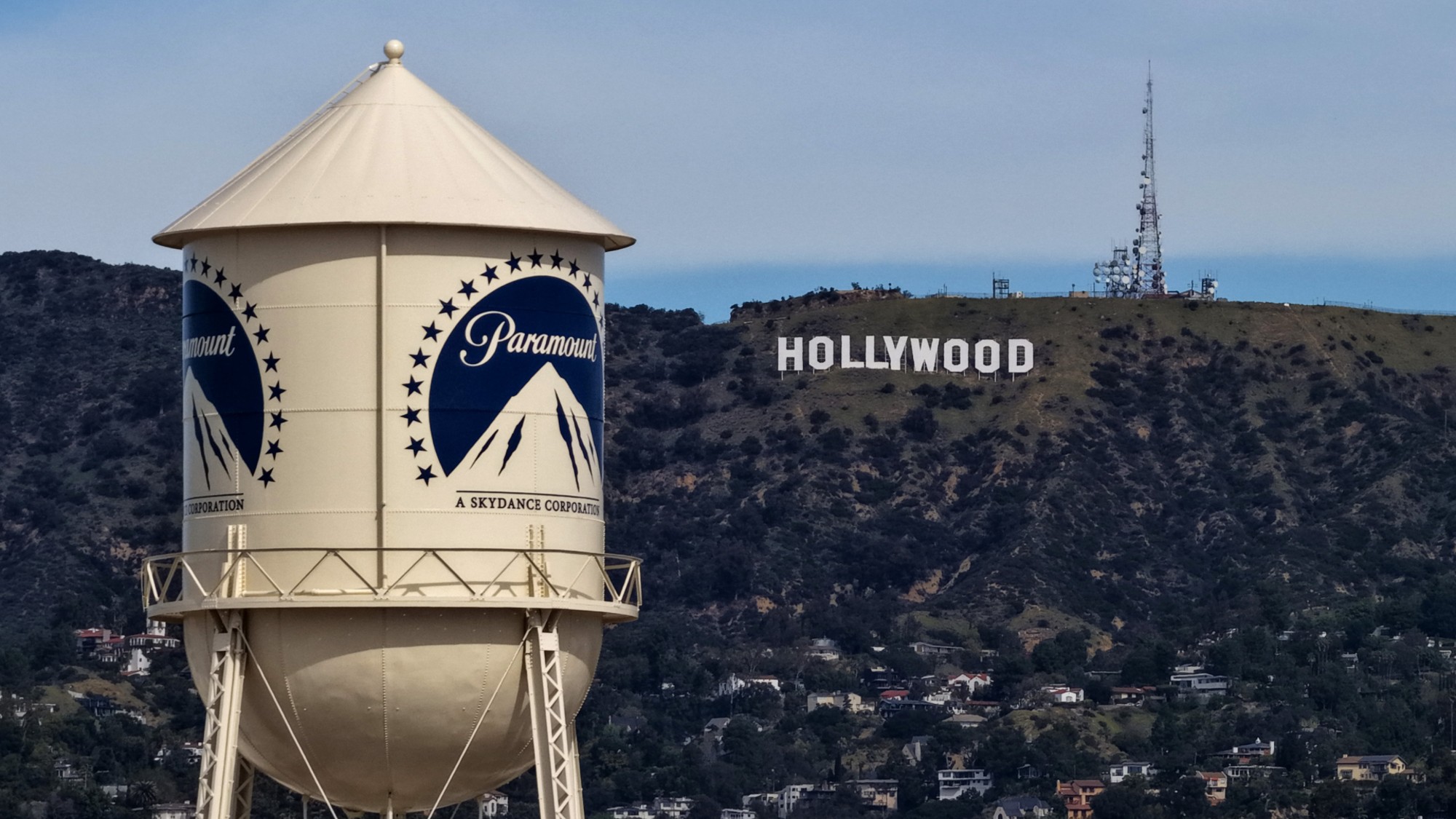 The Paramount water tower is seen near the Hollywood sign in Los Angeles. 