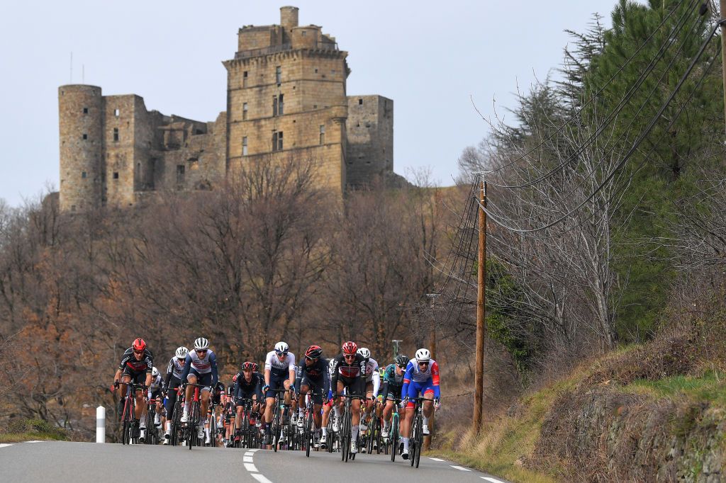 BESSGES FRANCE FEBRUARY 05 Philippe Gilbert of Belgium and Team Lotto Soudal Bauke Mollema of Netherlands and Team Trek Segafredo Sep Vanmarcke of Belgium and Team Israel StartUp Nation Egan Arley Bernal Gomez of Colombia and Team INEOS Grenadiers Tim Wellens of Belgium and Team Lotto Soudal Alexis Gougeard of France and AG2R Citroen Team Alexys Brunel of Franceand Team Groupama FDJ during the 51st toile de Bessges Tour du Gard 2021 Stage 3 a 1548km stage from Bessges to Bessges Chteau de Portes Castle Peloton Landscape EDB2020 on February 05 2021 in Bessges France Photo by Luc ClaessenGetty Images