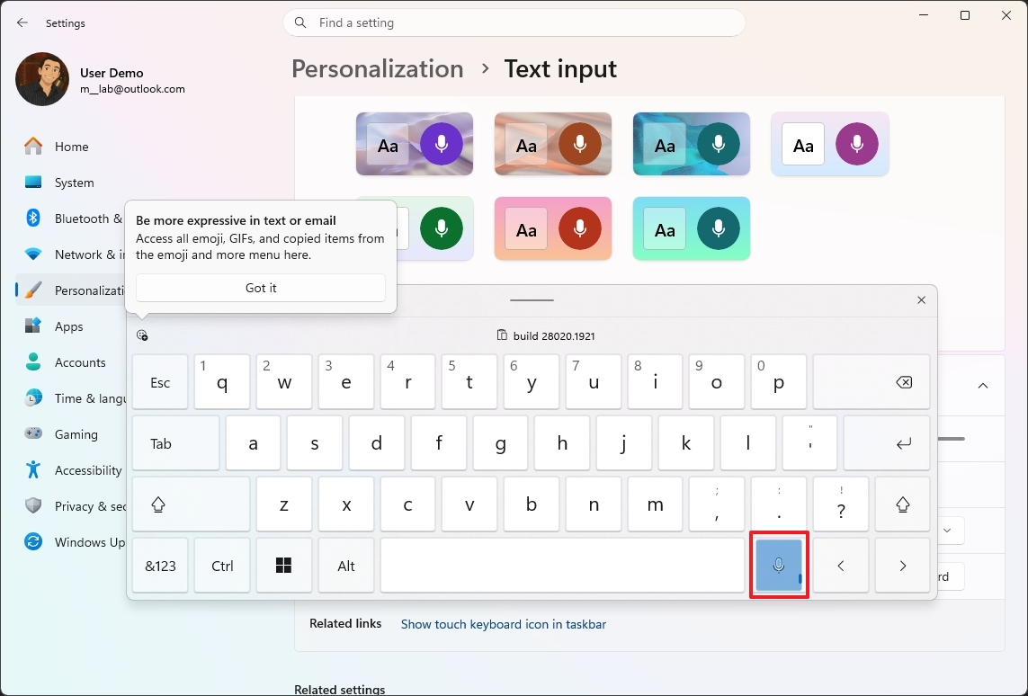 Settings for Personalization and Text input showing color theme options and a virtual keyboard. . The microphone button on the keyboard is highlighted, promoting voice input.