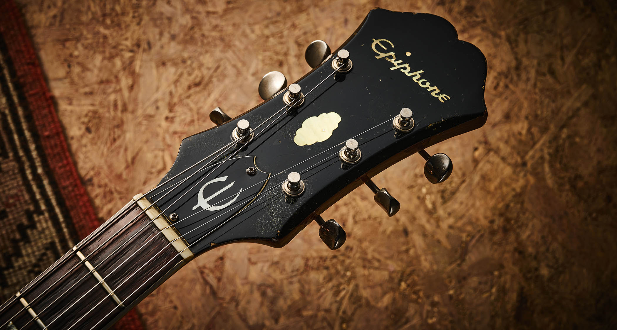 The headstock of a 1964 Epiphone Riviera