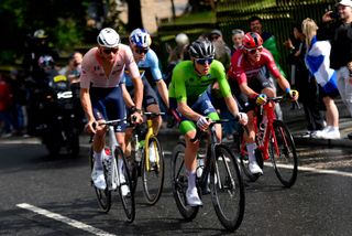 Mathieu van der Poel and Tadej Pogacar near the end of the 2023 UCI Road World Championships