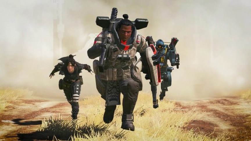 A squad of three players in Apex Legends running across a dusty field