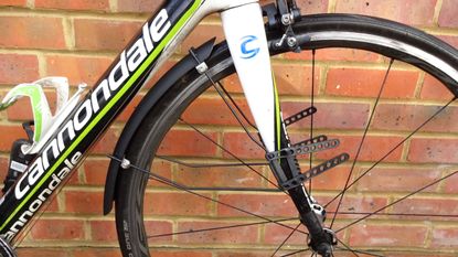 Image shows the LifeLine Clip-On fenders / mudguards mounted on a road bike